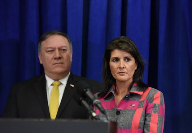  NEW YORK, NY - SEPTEMBER 24: Secretary Of State Mike Pompeo and United States Ambassador to the United Nations Nikki Haley brief the media during the United Nations General Assembly on September 24, 2018 in New York City. 