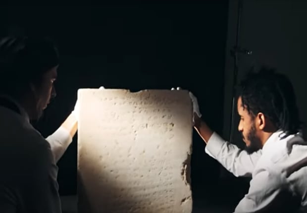  An ancient marble tablet inscribed with an ancient Hebrew version of the biblical Ten Commandment.