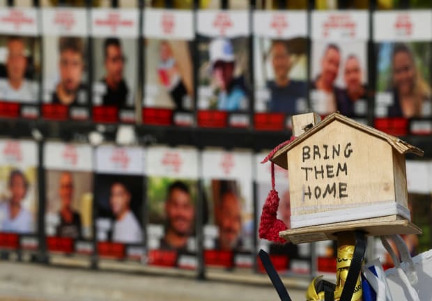  Hostage posters seen at the Hostages' Square in Tel Aviv, January 14, 2025