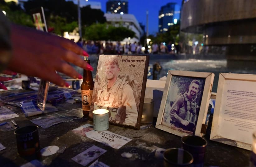   Memorials set up for victims of the October 7th massacre and fallen soldiers at Dizengoff Square on Remembrance Day. May 12, 2024