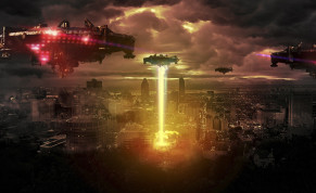  Alien UFOs are seen attacking a city on Earth in this illustrative image.